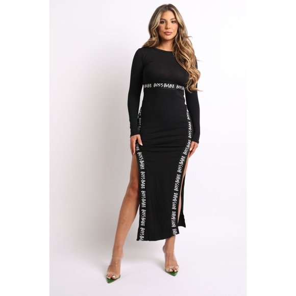 Women's Bodycon Maxi Dress Boss Babe Lettering Long Sleeve 2 Slit Hem Black - Picture 10 of 12